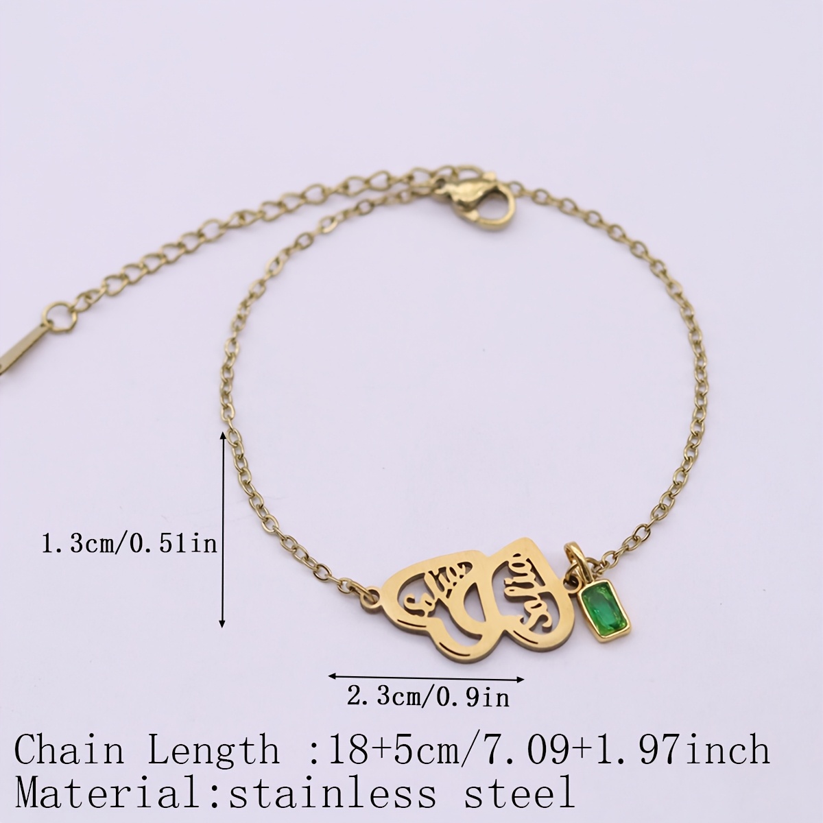 Custom Name Heart Bracelet with Green, Adjustable Stainless Steel Chain